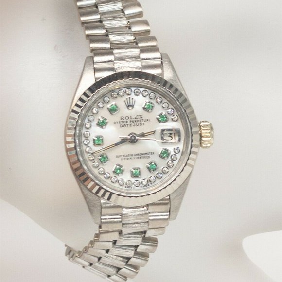 18K WHITE PRESIDENT LADIES DIAMOND EMERALD WATCH!